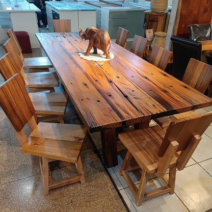 Mesa de comedor grande de roble recuperado proveniente de durmientes de tren