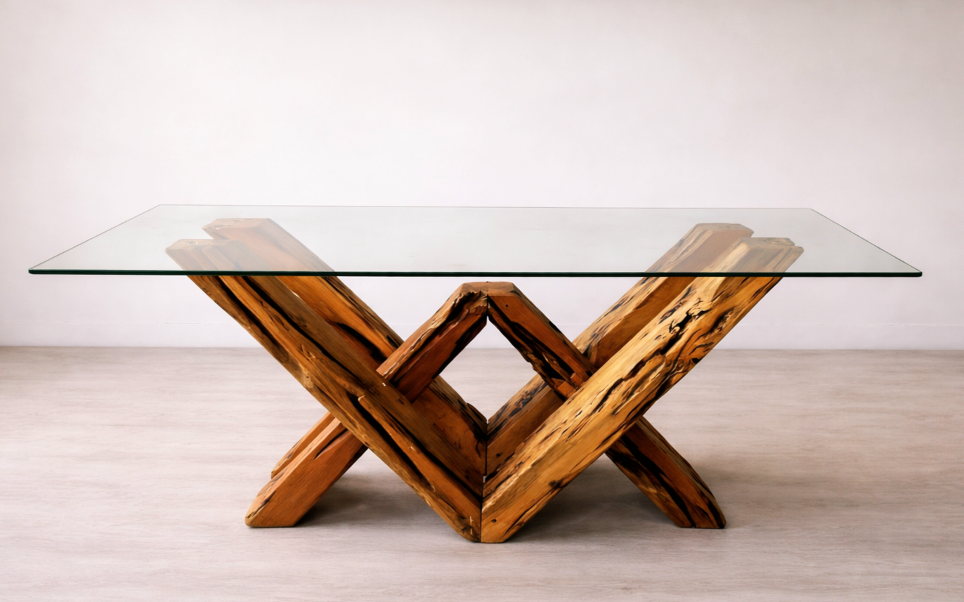 Mesa de Comedor Vidrio y Durmiente de Tren